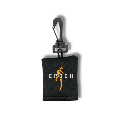 Epoch Lens Cloth packed in its black neoprene pouch with clip