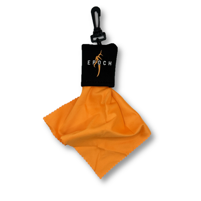 Epoch lens cloth unfolded, showing the orange microfiber and pouch