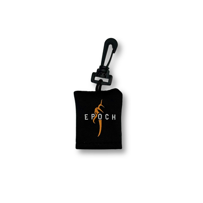 Epoch lens cloth folded in its black clip-on pouch